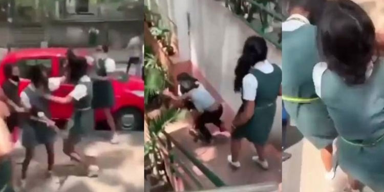 പരസ്പരം അ‌‌ടിച്ചും മു‌ടി പി‌‌‌ടിച്ച് വലിച്ചും വിദ്യാര്‍ഥിനികള്‍ ; തെരുവില്‍ കയ്യാങ്കളി