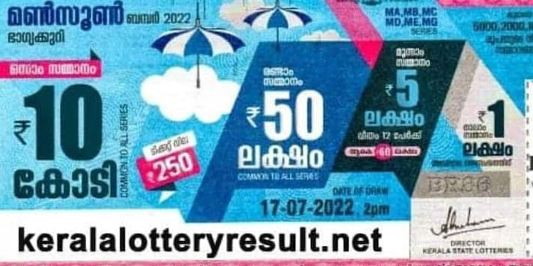 ഒന്നാം സമ്മാനം 10 കോടി ; ടിക്കറ്റ് വില 250 , മൺസൂൺ ബമ്പർ നറുക്കെടുപ്പ് 17ന്