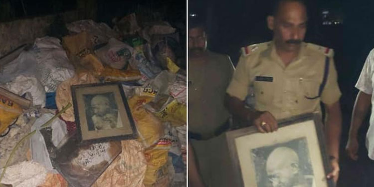 തിരുവനന്തപുരത്ത് മാലിന്യങ്ങൾക്ക് ഇടയിൽ രാഷ്ട്രപിതാവിന്‍റെ ഫ്രെയിം ചിത്രം, പ്രതിഷേധം; പൊലീസ് എത്തി കൊണ്ടുപോയി