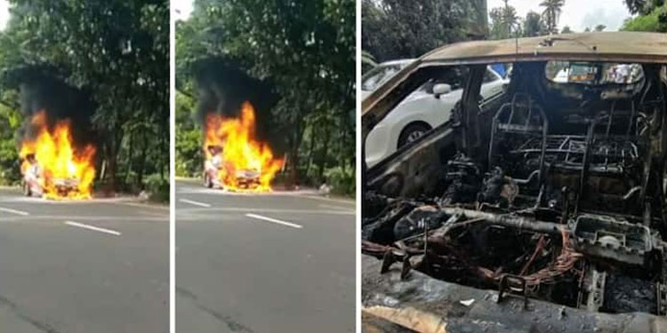 കാറും ബൈക്കും കൂട്ടിയിടിച്ചു, കാറ് കത്തി; സംഭവം എറണാകുളത്ത്