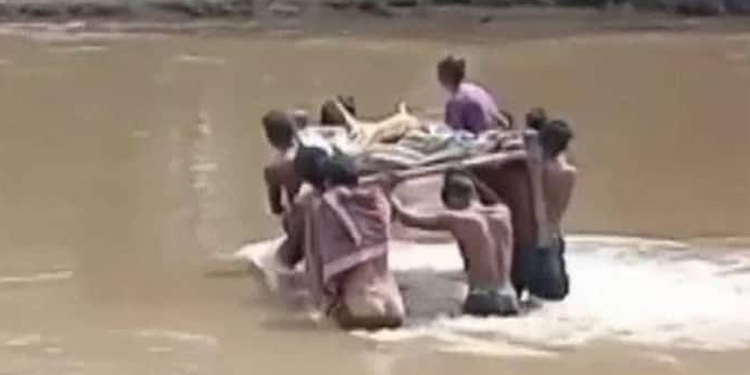 പാമ്പുകടിയേറ്റ ആദിവാസി സ്ത്രീയെ കട്ടിലിൽ ചുമന്ന് ആശുപത്രിയിലേക്ക് സാഹസിക യാത്ര