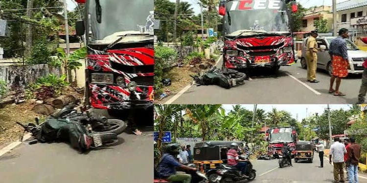 തിരുവനന്തപുരത്ത് ടൂറിസ്റ്റ് ബസ് ബൈക്കിൽ ഇടിച്ച് അപകടം: ബൈക്ക് യാത്രക്കാരൻ്റെ തുടയെല്ല് പൊട്ടി