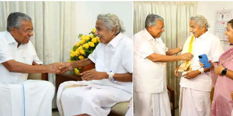 ഉമ്മൻചാണ്ടിയെ കാണാൻ മാത്രം കൊച്ചിയിലെത്തി മുഖ്യമന്ത്രി; അരികിലെത്തി, സ്നേഹം പങ്കുവച്ചു, ഷാളണിയിച്ച് ആശംസ