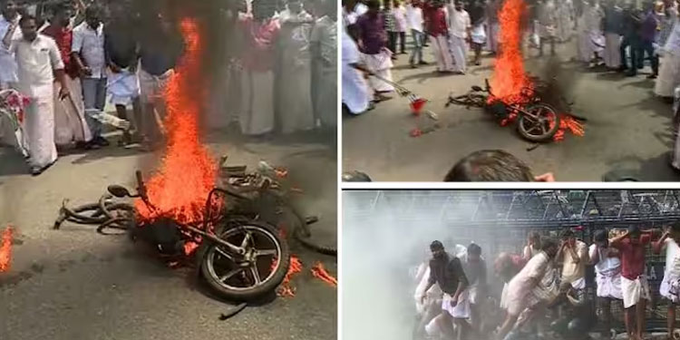 ഇരുചക്ര വാഹനം പെട്രോഴൊഴിച്ച് കത്തിച്ച് പ്രതിഷേധം; ഇന്ധന സെസിൽ നിയമസഭയിലേക്ക് യൂത്ത് കോൺഗ്രസ് മാർച്ച്