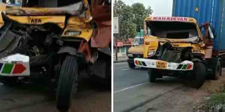 ദേശീയപാതയിൽ ട്രെയിലർ ലോറി നിയന്ത്രണംവിട്ട് മീഡിയനിൽ ഇടിച്ച് മറിഞ്ഞു, ഡ്രൈവർക്ക് പരിക്ക്