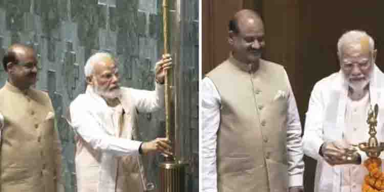 പുതിയ പാർലമെന്‍റ് മന്ദിരം രാജ്യത്തിന് സമർപ്പിച്ച് മോദി; നിലവിളക്ക് കൊളുത്തി ഉദ്ഘാടനം, ചെങ്കോൽ സ്ഥാപിച്ചു