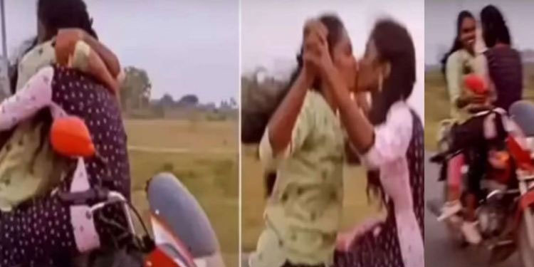 ഓടുന്ന ബൈക്കിലിരുന്ന് പരസ്പരം ചുംബിച്ച് യുവതികൾ, അഭ്യാസപ്രകടനം; വൈറല്‍ വിഡിയോ
