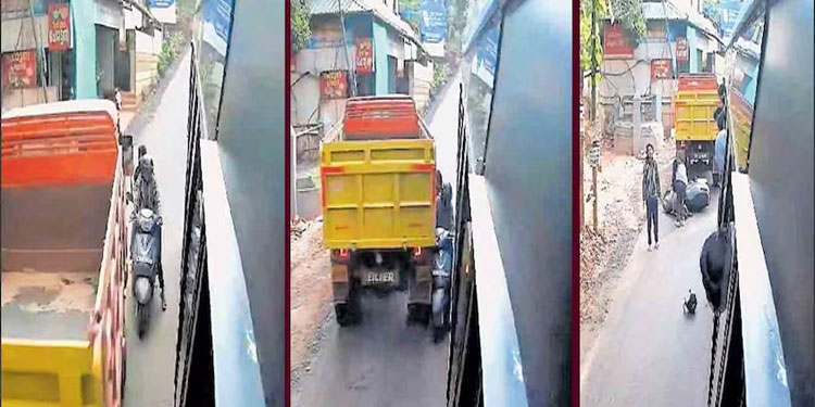 മാവൂർ–കൂളിമാട് റോഡിൽ  ലോറിക്കും ബസിനും ഇടയിൽ കുടുങ്ങി; തലനാരിഴയ്ക്കു രക്ഷപ്പെട്ട് പെൺകുട്ടികൾ