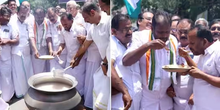 പാളപ്ലേറ്റില്‍ പാള സ്പൂണുമായി ചമ്മന്തി കൂട്ടി കഞ്ഞി കുടിച്ചു; വിലക്കയറ്റം, പട്ടിണി മാര്‍ച്ച് നടത്തി കോണ്‍ഗ്രസ്