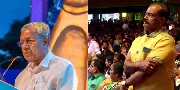‘അദ്ദേഹം അച്ഛന്റെ സ്ഥാനത്ത്’ മുഖ്യമന്ത്രിയുടെ പ്രസംഗത്തിനിടെ എഴുന്നേറ്റുനിന്ന് ആദരവ് നൽകി ഭീമൻ രഘു
