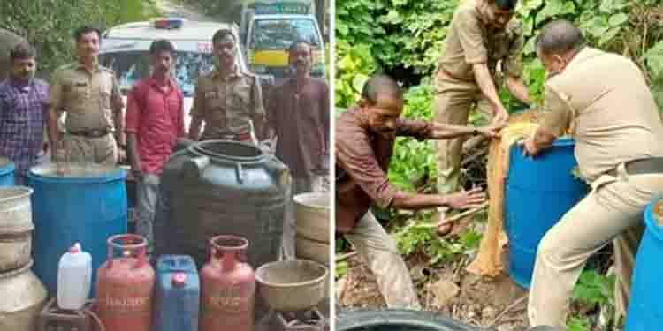 കരിഞ്ചോല മലയിൽ വൻ വാറ്റ് കേന്ദ്രം തകർത്തു; 920 ലിറ്റർ വാഷും ചാരായവും പിടികൂടി