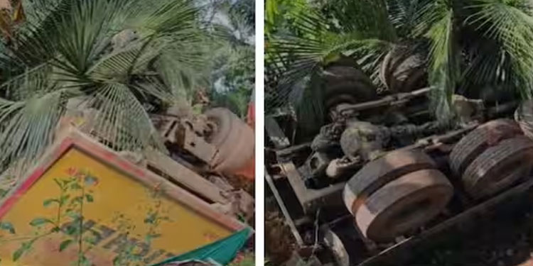 കപ്പൂരിൽ ടോറസ് ലോറി വീടിനോട് ചേർന്ന താഴ്ചയിലേക്ക് മറിഞ്ഞു; ഡീസൽ ചോർന്നു, ഡ്രൈവർക്ക് പരിക്ക്
