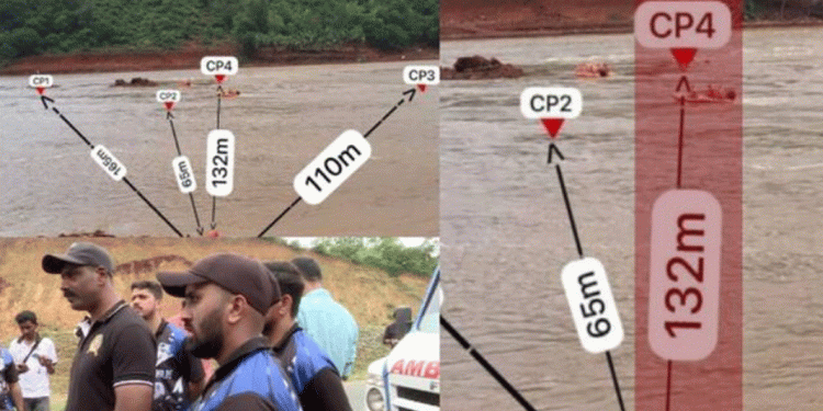 നദിക്കടിയിൽ ലോറി ചെളിയിൽ പുതഞ്ഞ നിലയിൽ, നാലാം സിഗ്നലിൽ സ്ഥിരീകരണം