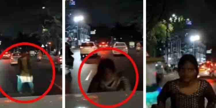 ഞെട്ടിക്കുന്ന ദൃശ്യങ്ങൾ; ബെംഗളൂരുവിലെ തിരക്കേറിയ റോഡിൽ കാറിന്‍റെ മുന്നിലേക്ക് ചാടി യുവതി, പുതിയ തട്ടിപ്പ്