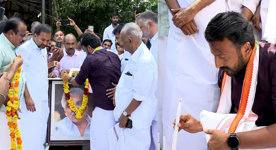 ഉമ്മൻചാണ്ടിയുടെ കല്ലറയിലെത്തി പുഷ്പാർച്ചന നടത്തി  രാഹുൽ മാങ്കൂട്ടത്തിൽ