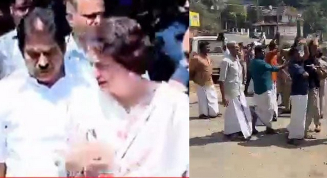 പ്രിയങ്ക ഗാന്ധിക്ക് നേരെ കരിങ്കൊടി കാണിച്ച് സിപിഎം ; രാധയുടെയും എം എൻ വിജയന്റെയും വീടുകൾ സന്ദർശിച്ചു